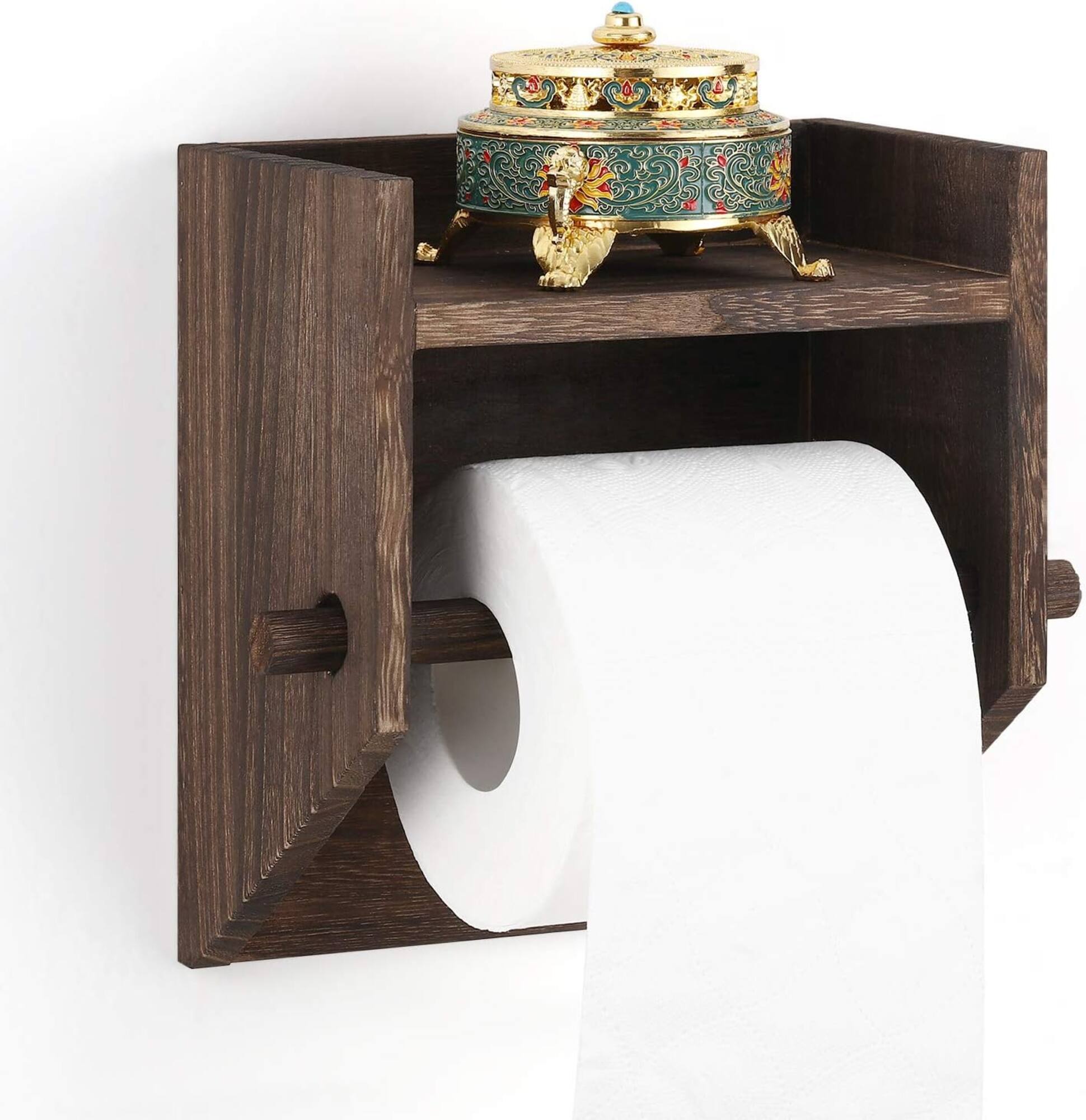 Rustic Brown Wood Toilet Paper Holder Wall Mount with Shelf